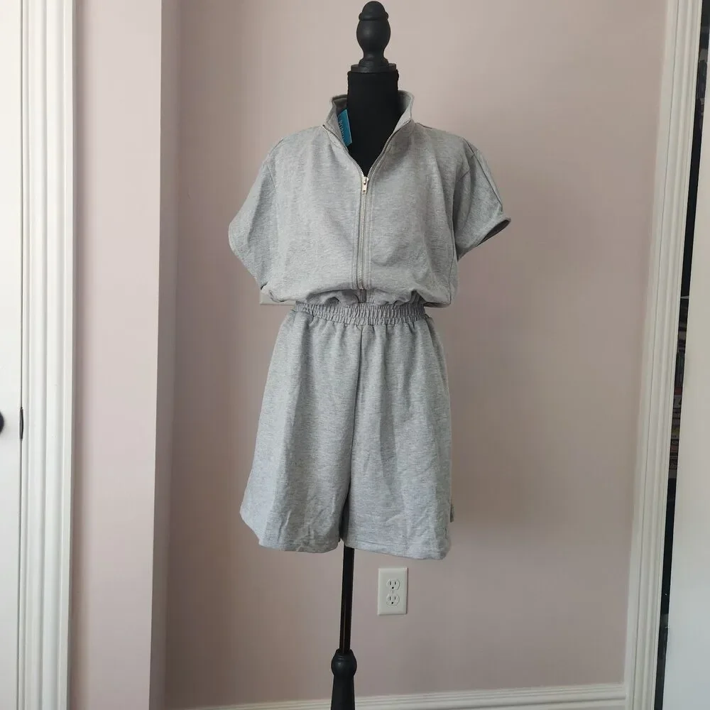 POPVIL Heathered Knit Romper Womens XL NWT Gray Half Zip Short Sleeve Jumpsuit